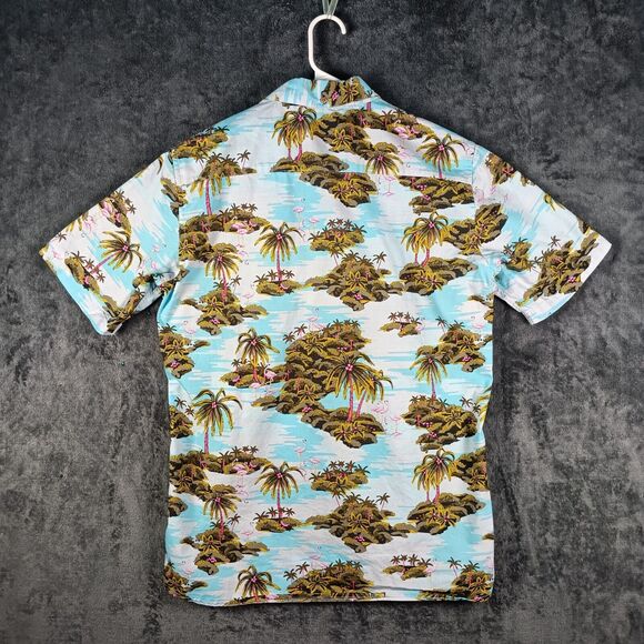 Hurley Hawaiian Shirt Men Medium Blue Scenic Palm Tree Flamingo Tailored Fit - Picture 7 of 9